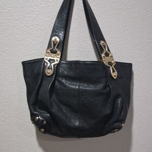 Michael Kors Black Leather Shoulder Bag with Gold Accents